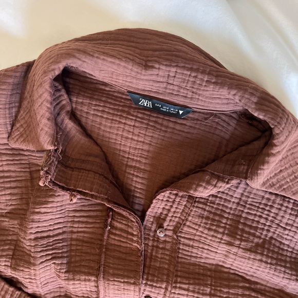 ZARA Brown Linen Blouse Pullover Oversized Sz Small - Picture 4 of 4